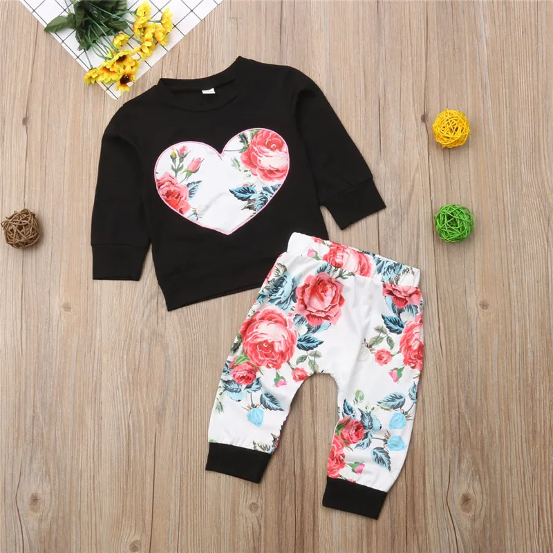 Fashion autumn Baby Girl Clothes set heart print T-shirt Top Pants Outfit Infant girls cotton clothing Sets Tracksuit | Детская одежда