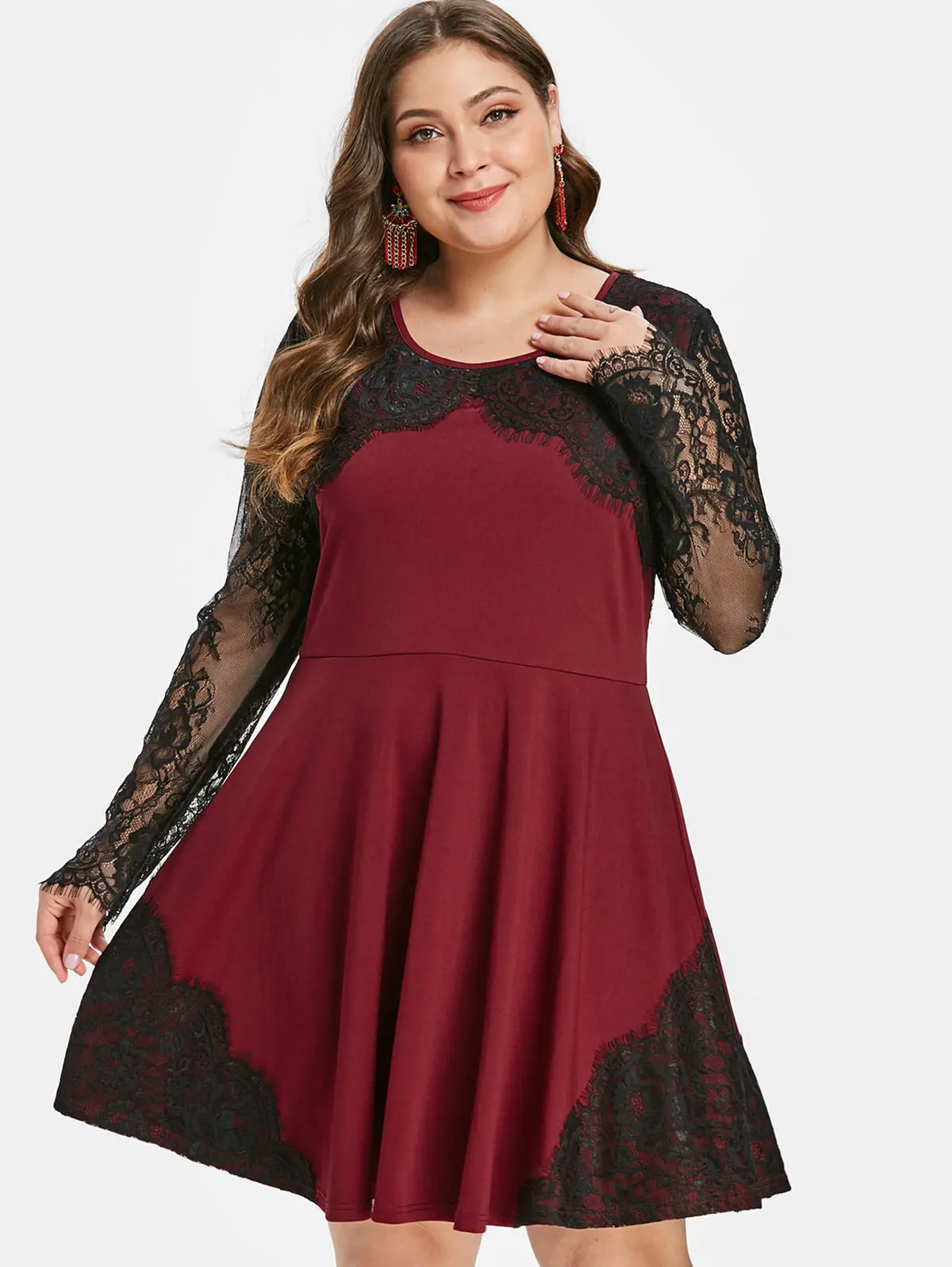 Wipalo Plus Size Vintage Lace Insert Flare Dress Women O Neck Long Sleeve Mini Spring Big Robe Femme Dresses Vestido|Женские платья| |