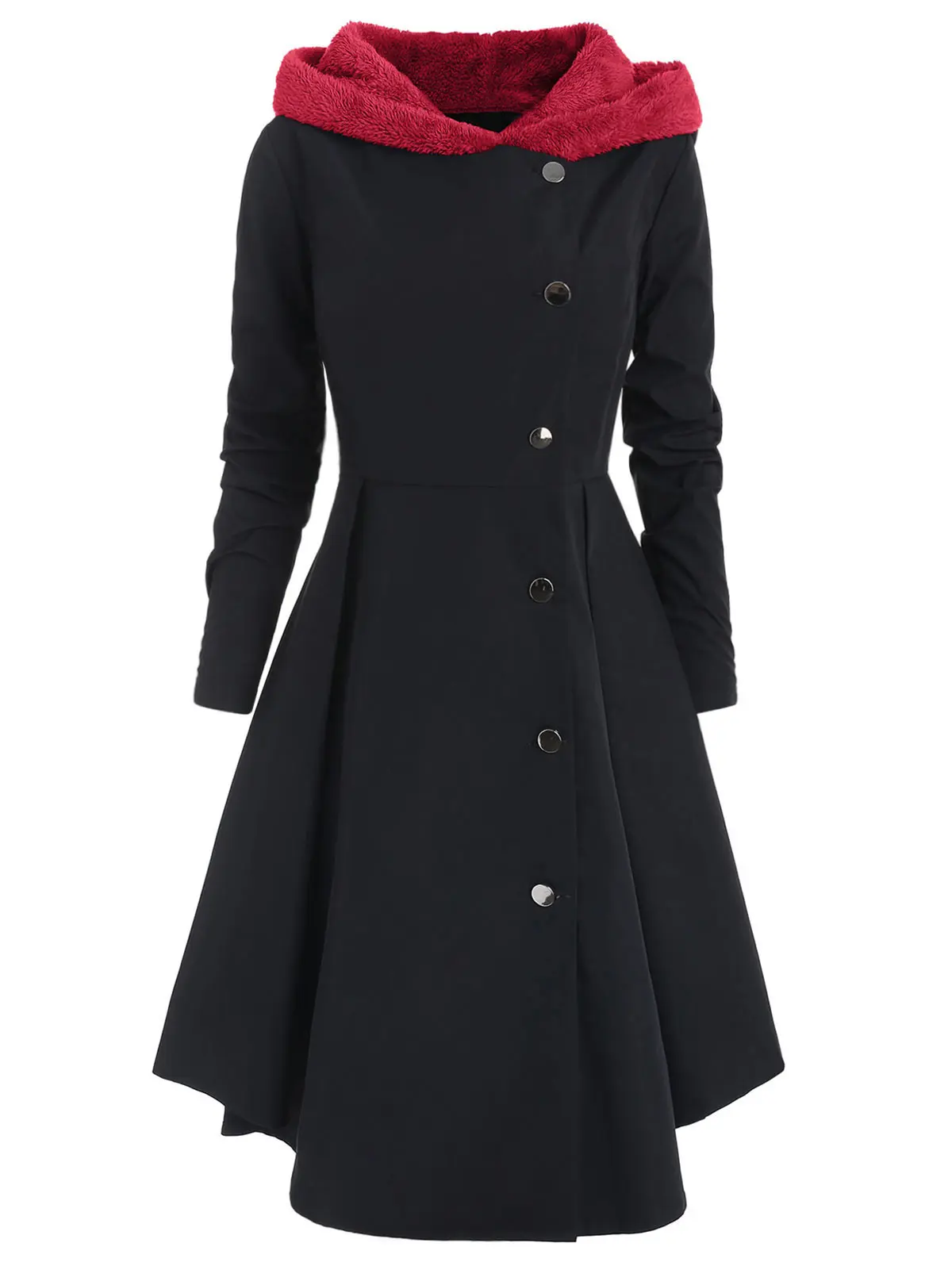 Wipalo Winter Plus Size Asymmetric Fleece Contrast Color Block Single Breasted Hooded Skirted Women Coat Long Outwear Coats 5XL | Женская