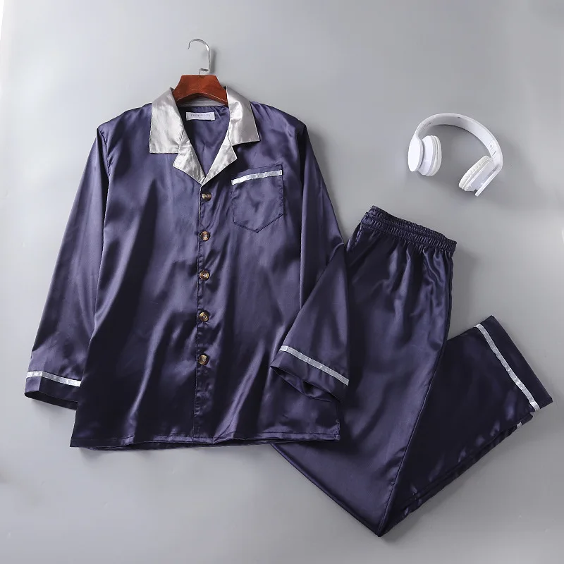 New Imitation Silk Mens Pajama Set Long Sleeve Solid Pajamas Men Leisure Suits Button Sleepwear Luxury Clothing for 90kg | Мужская