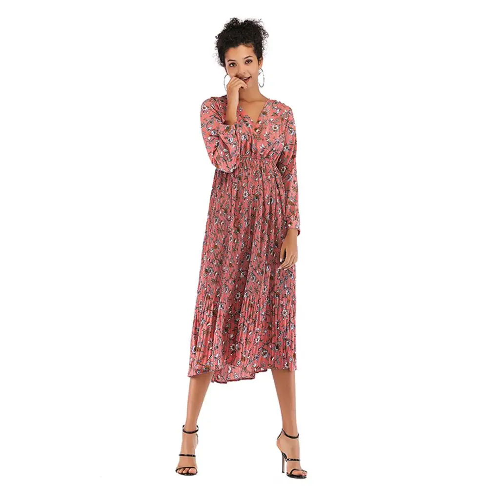 Women Bohemian Long Bud Dress V-neck Women's Printed small floral pleated chiffon dress waist long-sleeved bottom female | Женская