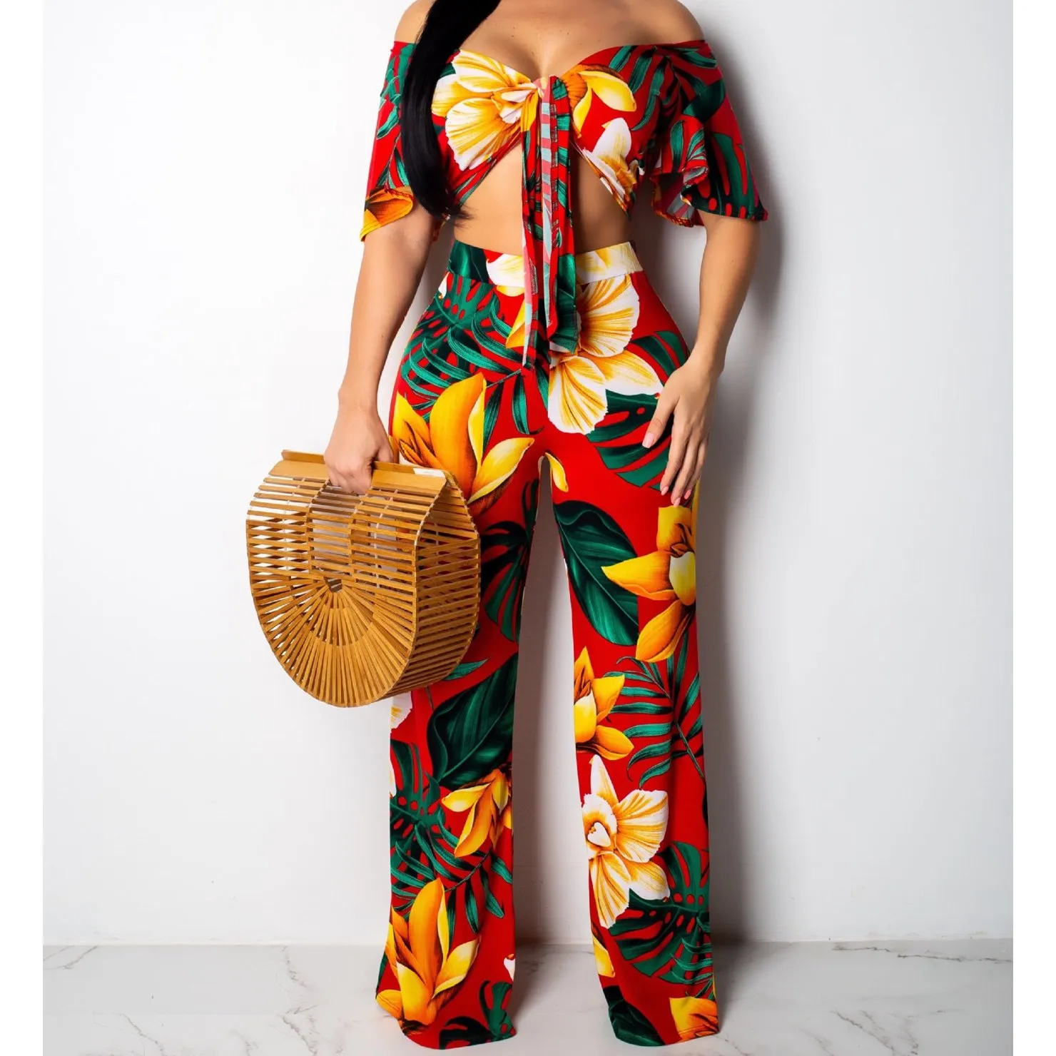 Женский летний комплект из 2 предметов с цветочным принтом сексуальный