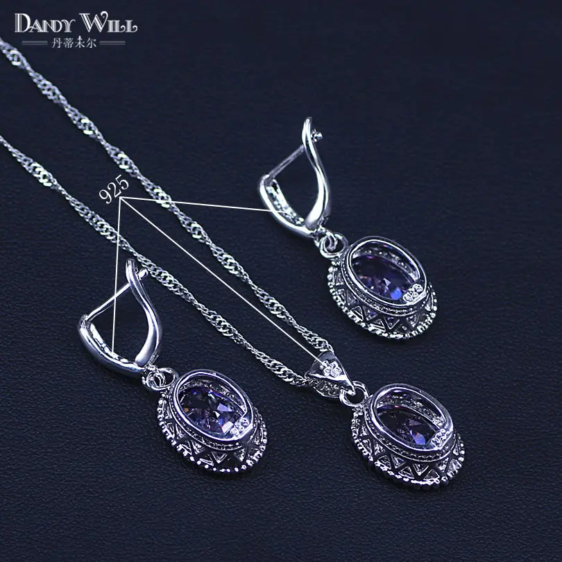 Oval White zircon Purple Crystal Jewelry Set For Women Silver Color Pretty Bracelets/Necklace/Earrings/Ring/Pendants | Украшения и
