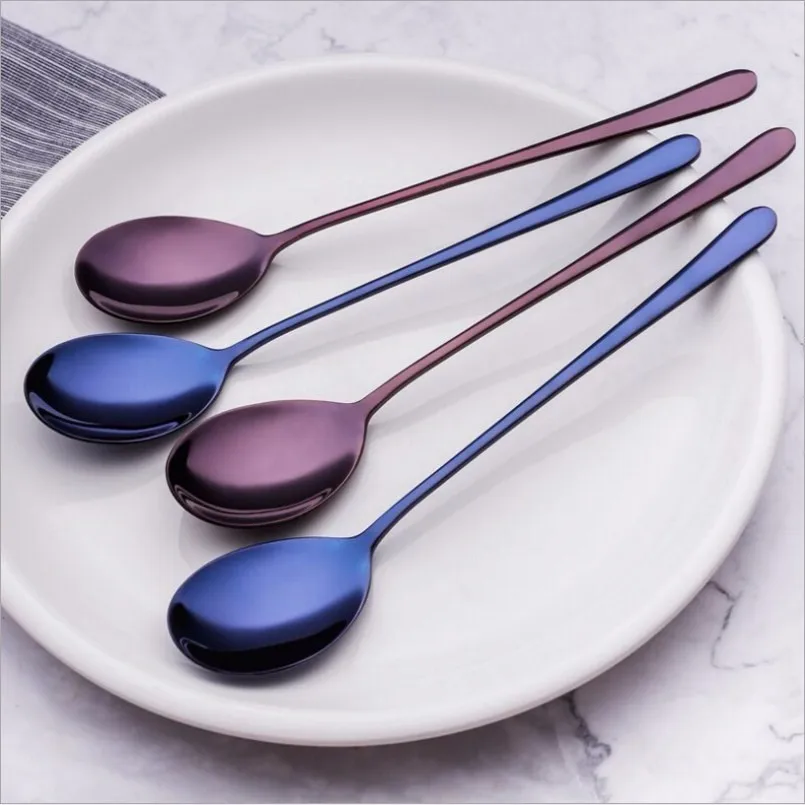 New Soup Spoons 2PCS 304 Stainless Steel Colored Long Handle Kitchen Spoon Household Stirring Tea Tableware For Dinner | Дом и сад