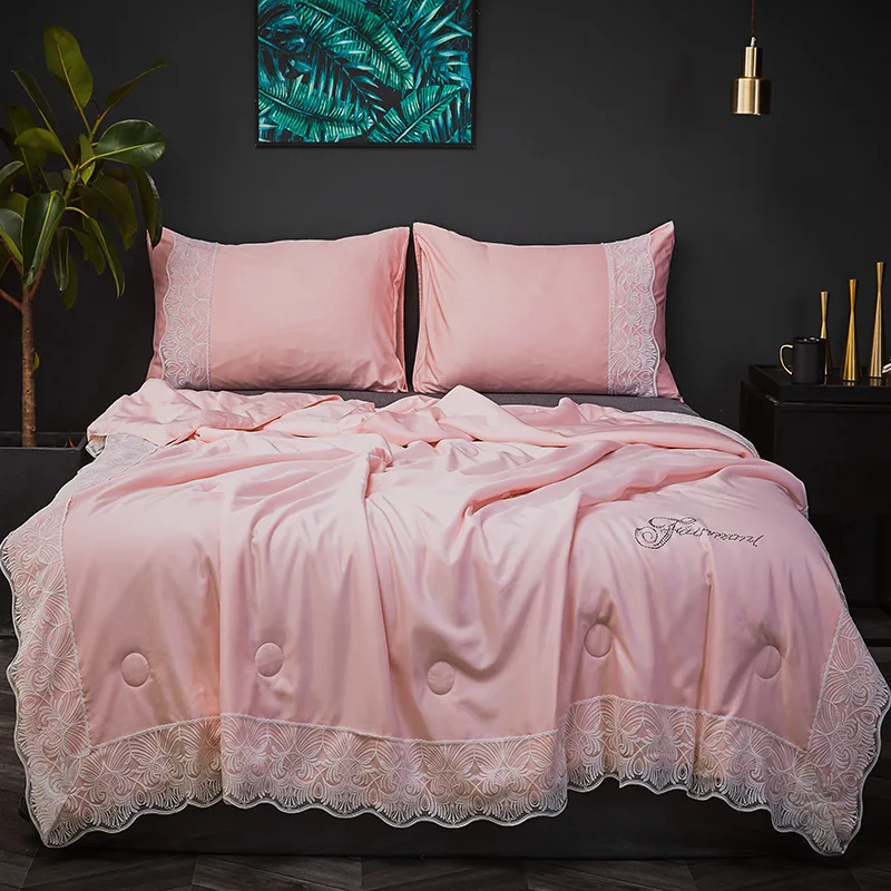 

2019 DeMissir Luxury Tencel Baroque Style Summer Cool Quilt European Lace Edged Wash Air Conditioner Thin Comforter as Blanket