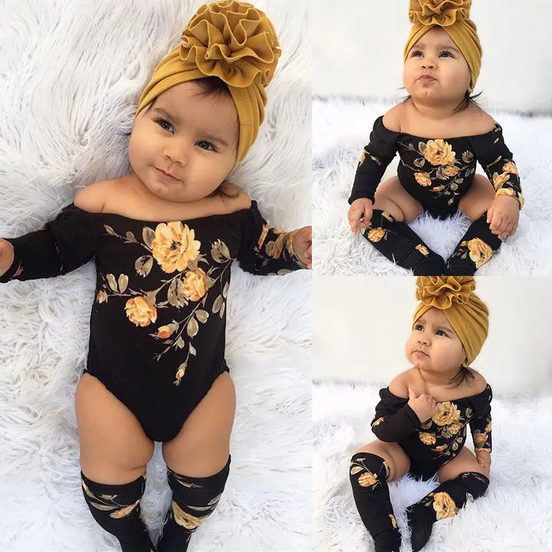 

Pudcoco Girl Jumpsuits 0-24M Baby Girl Flower Off Shoulder Romper Jumpsuit+Leg Warmers 3Pcs Outfit Clothes