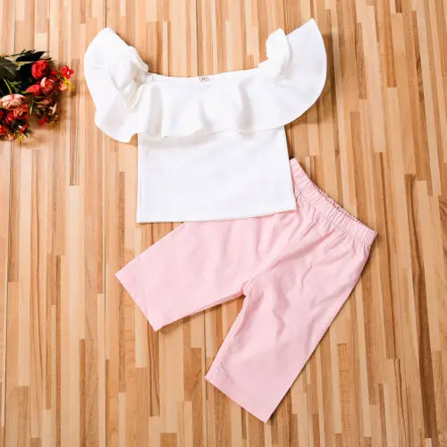 2Pcs Set Toddler Clothes Kid Baby Girl Ruffle Off Shoulder T-shirt Tops+Long Pants Children Summer Putfit |
