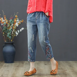 Женские винтажные рваные джинсы с цветочной вышивкой, джинсы с высокой талией, женские свободные джинсовые брюки, Капри размера плюс