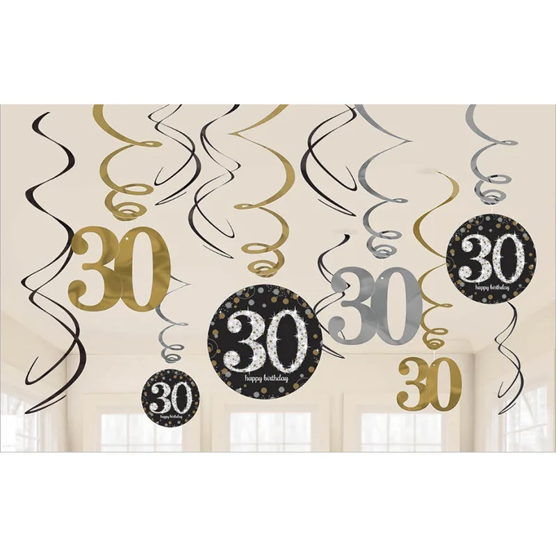 12 шт. украшение на день рождения Черное золото 21/30/40/18th Swirl подвесные украшения для