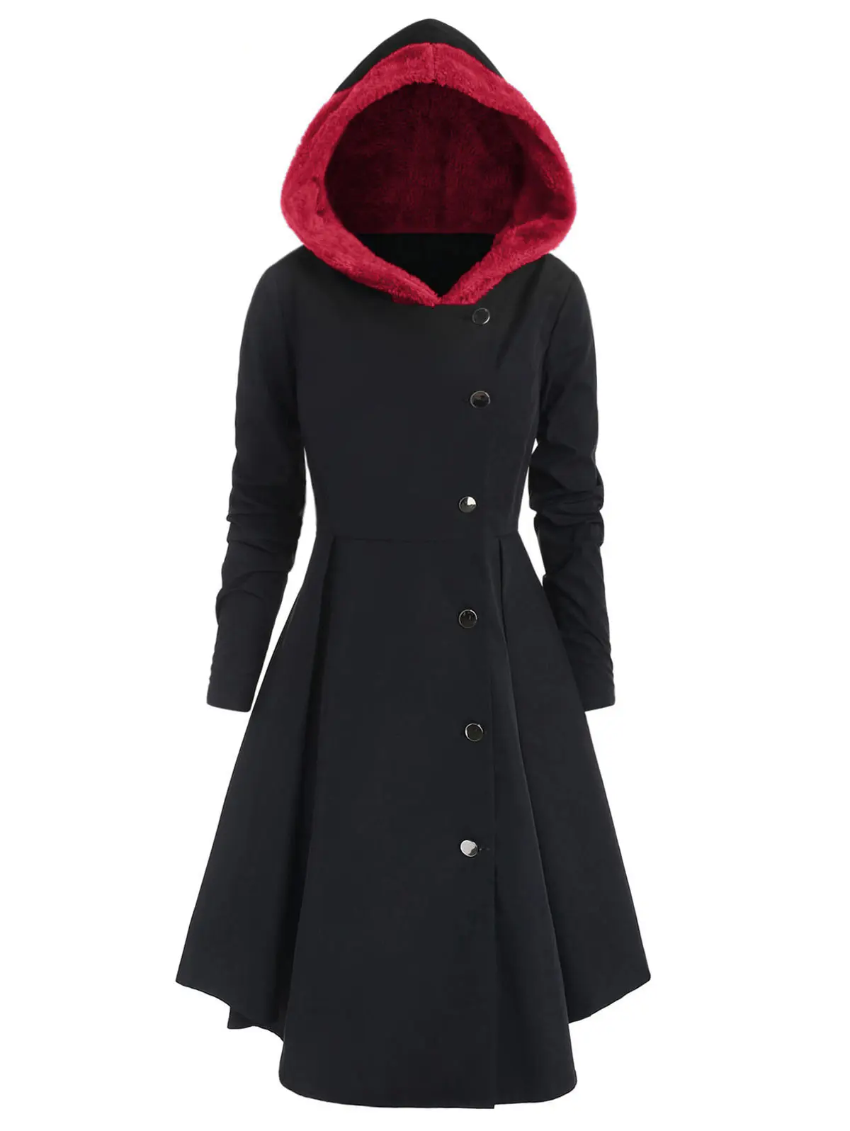 Wipalo Winter Plus Size Asymmetric Fleece Contrast Color Block Single Breasted Hooded Skirted Women Coat Long Outwear Coats 5XL | Женская