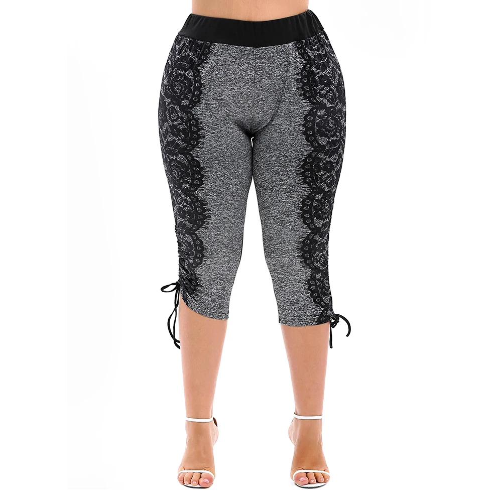 Плюс Размер Леггинсы 3D Кружева Печати Drawstring Капри Эластичный Высокой Талией