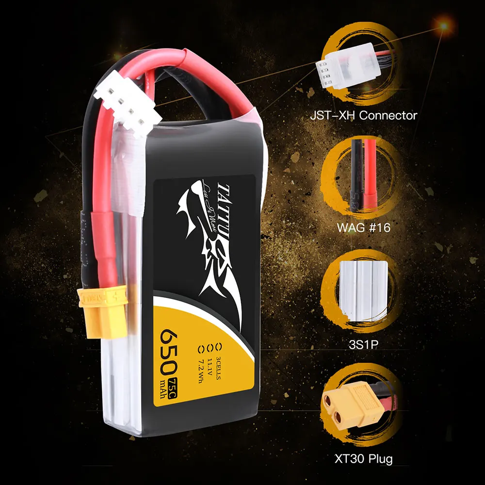 Tattu Lipo 650mAh 3S 75C Battery Pack 11.1V XT30 Plug Polymer Power for FPV 100 to 180 size Drone Helicopter Quadcopter | Игрушки и