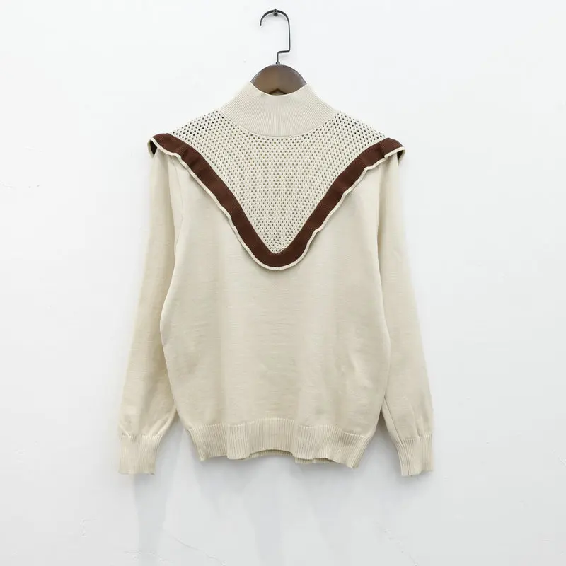 Turtleneck Sweater Woman Fashion 2019 Spring Sweet Mesh Hollow Ruffle Color Block Sweaters Basic Knitted Tops White Blue Apricot | Женская