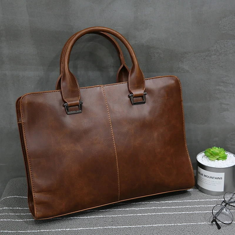 

New Fashion Plain Coffee Men Handbag Business Briefcase High Quality Leather Travel Bag Student Boy Single Shoulder Bag for iPad