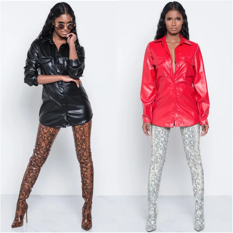 

PU Leather Blouses Women Sexy Long Sleeves Buttons Club Wear Sexy Lady Shirts Temperament Loose Camisa Mujer Tops Blouse Tops