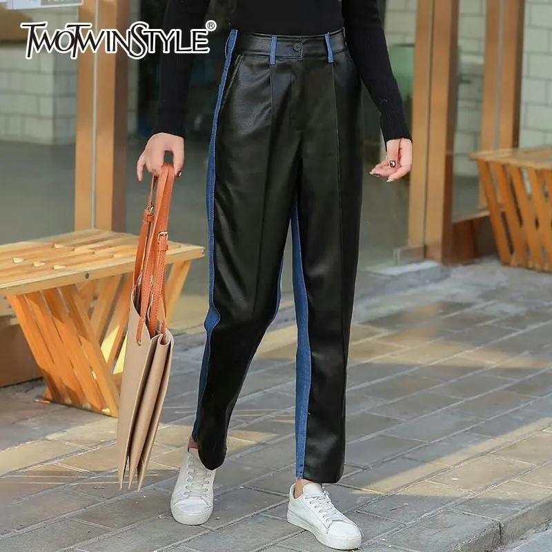 TWOTWINSTYLE Лоскутные Джинсовые брюки из искусственной кожи для женщин Высокая талия