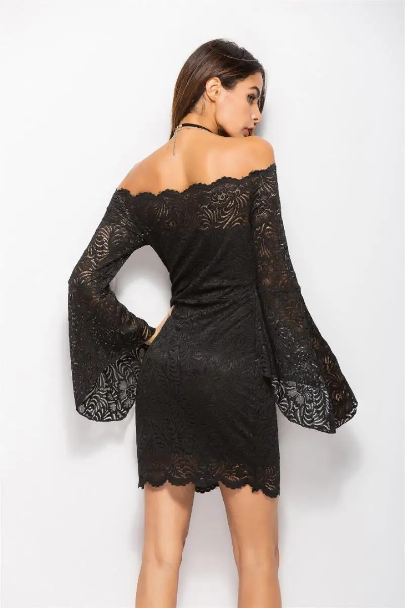 

2 Color fashion lady slash neck solid color hook flower hollow lace flare sleeve dress summer dress female vestidos