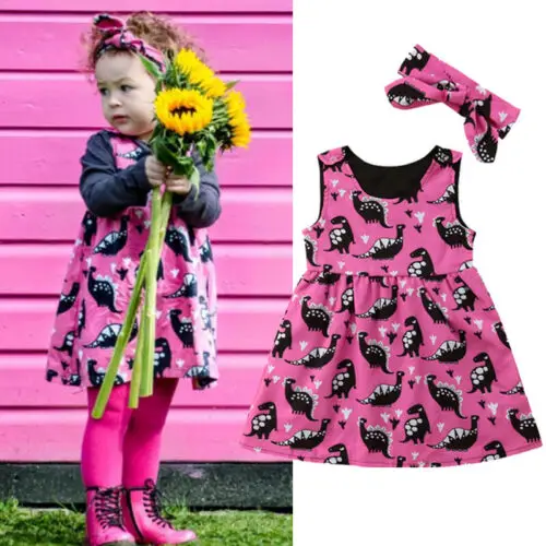 Summer New Cotton Dinosaur Printed Newborn Kids Baby Girl Dress Sleeveless Sundress Headband Casual Clothes | Детская одежда и