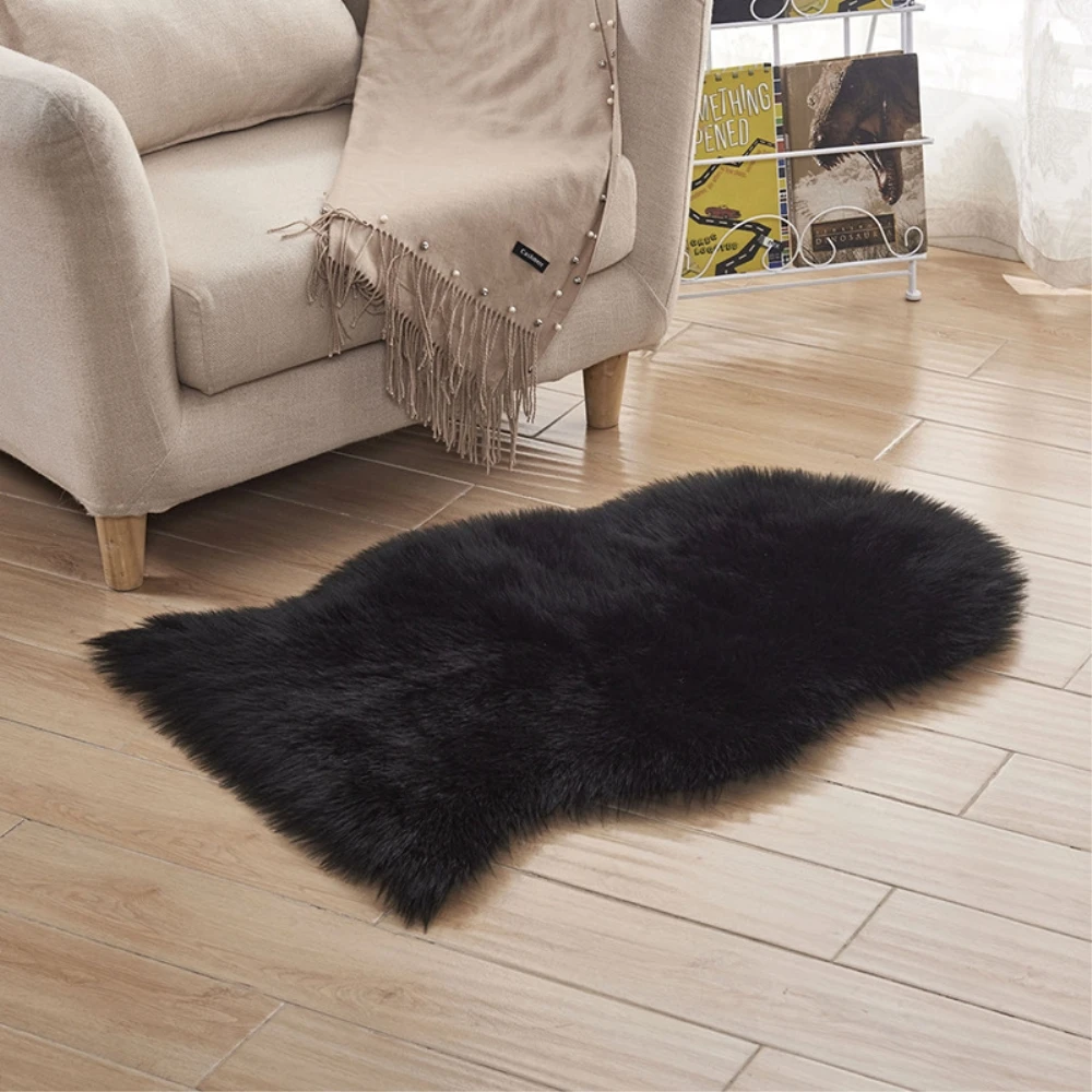 

JU Black Special-shaped Sheepskin Hairy Carpet Faux Mat Artificial Wool Fur Plain Fluffy Soft Area Rug Tapetes 60x102CM