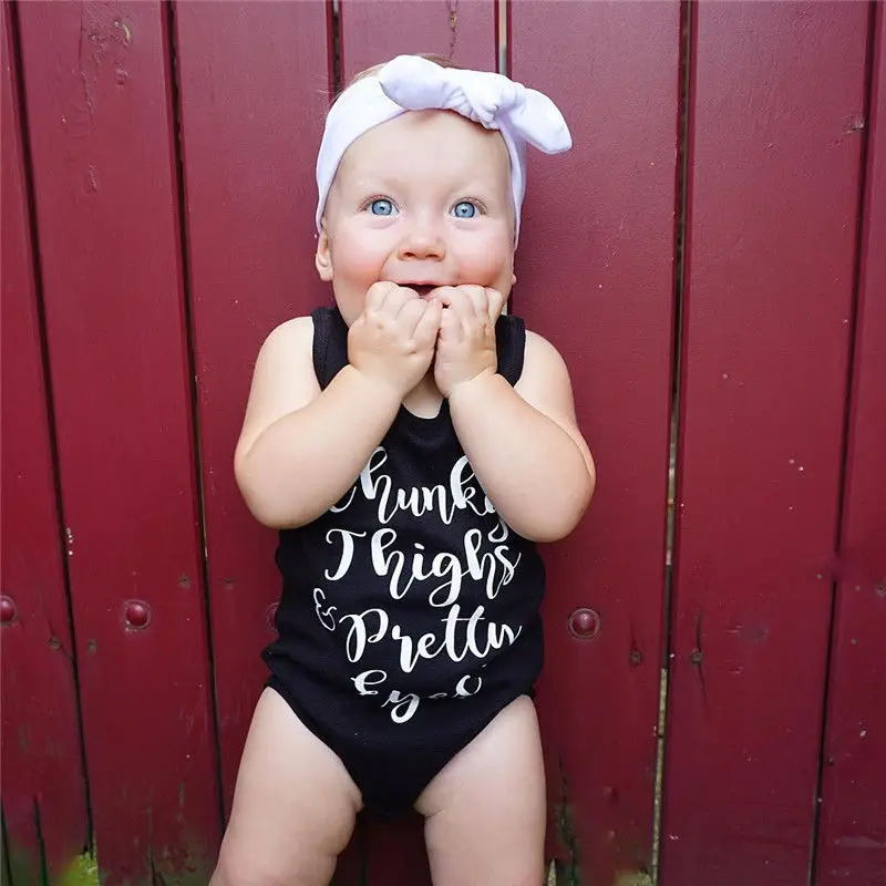 Newborn Infant Baby Boys Girls Cotton Letters Printed Bodysuit Open Piece Jumpsuit Chunky Thighs Prettey Eyes Black | Детская одежда и