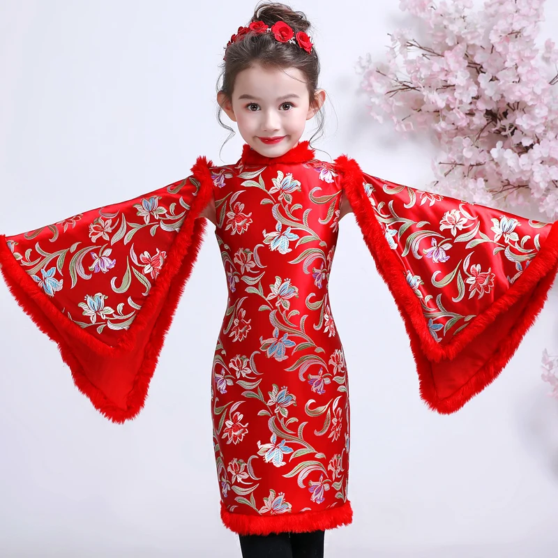 Китайское платье для детей платья девочек Cheongsam детский красный новогодний