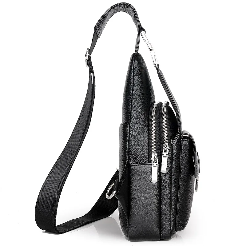 Брендовая кожаная мужская сумка на грудь с двойным карманом usb зарядка