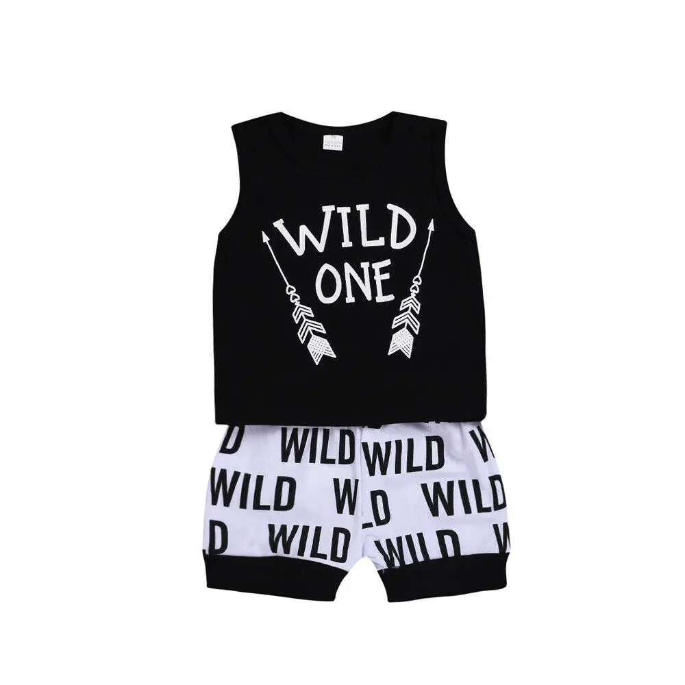 2019 New 0-24 Months 2pcs Toddler Baby Boys Wild One Letter Arrow T-shirt Tops+Letter Pants Summer Sets |