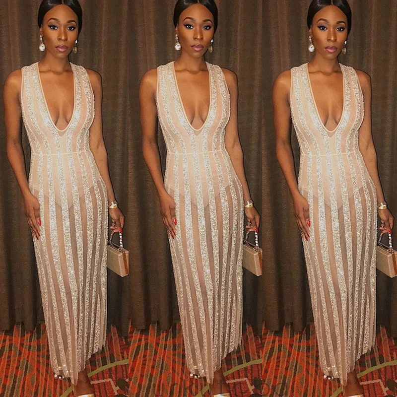 hirigin 2019 Formal Dress Women Deep V Neck Sequined Striped Shinny See-through Evening Party Prom Midi Dresses | Женская одежда