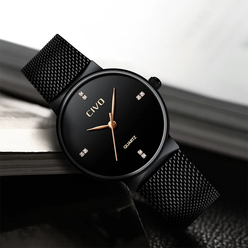 

CIVO 2019 Luxury Brand Mens Watches Women Fashion Waterproof Watch Black Stainless Steel Mesh Strap Watches Clock Reloj Mujer