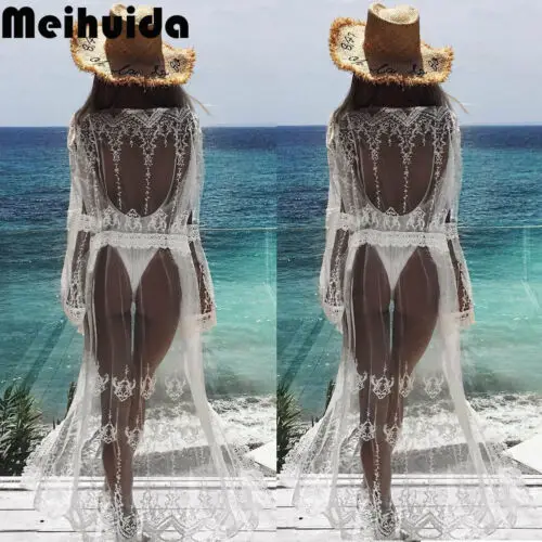 Женское пляжное платье Meihuida Сетчатое бикини с длинным рукавом и цветочным