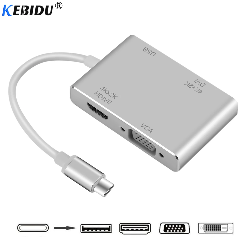 Адаптер KEBIDU 4 в 1 с портом Type-C на HDMI VGA DVI USB 3 0 кабель C для ноутбука ТВ совместимый