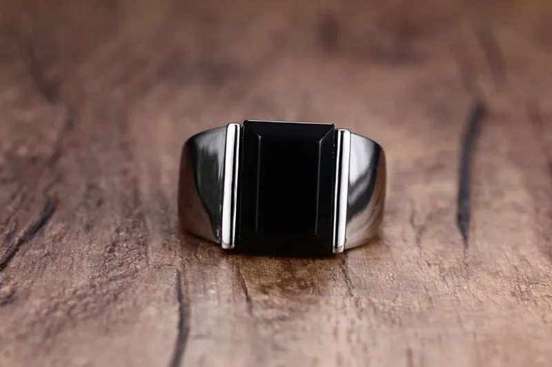 Mens Big Black Stone Ring Punk Gothic Rings for Male Stainless Steel Engagement Statement Jewelry US Size | Украшения и
