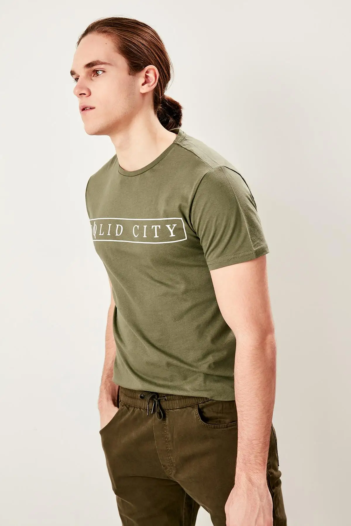 TRENDYOL мужской хаки Slim Fit печатных велосипед шеи Футболка TMNSS19BO0045|Футболки| |