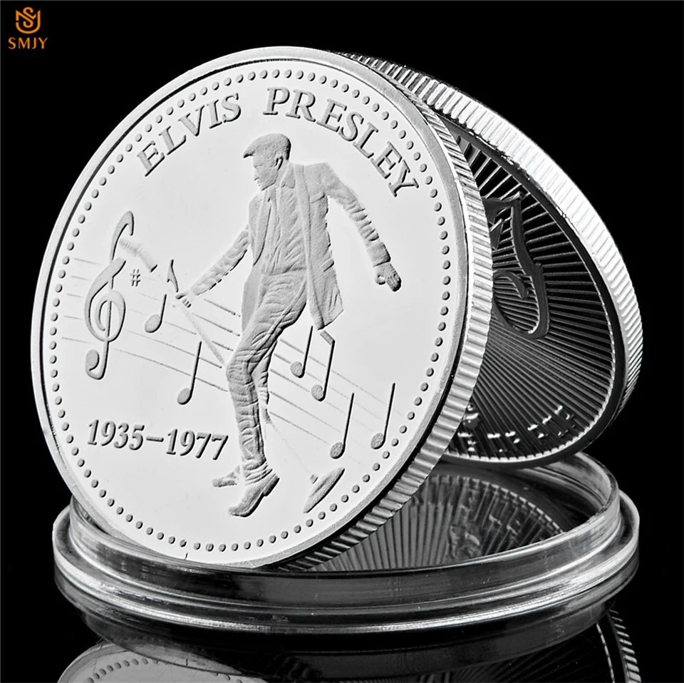 

1935-1977 USA Pop Rock Singer Actor Elvis Presley Silver Plated Celebrity Commemorative Coin And Fan Gift Collectibles