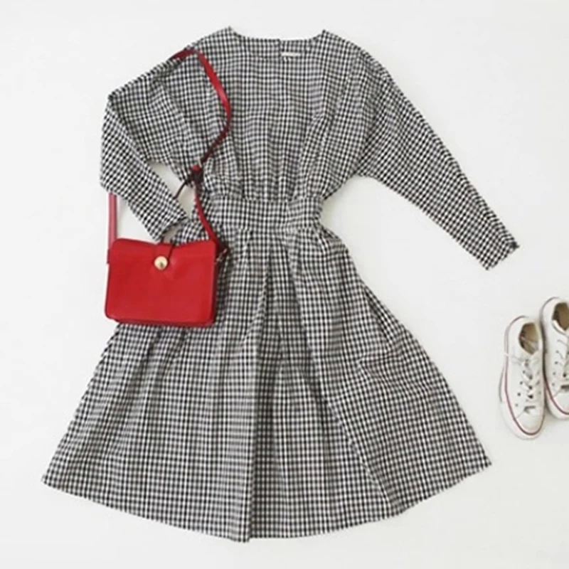 2019 клетчатое ТРАПЕЦИЕВИДНОЕ женское платье с круглым вырезом и пуговицами до