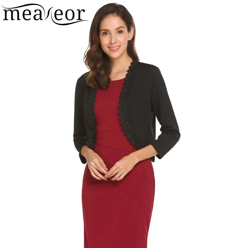 Meaneor Vinatge 3/4 Sleeve Women Shrug Sexy Front Open Casual Outerwear Hem Cardigan Coats Patchwork Asymmetrical Crochet |