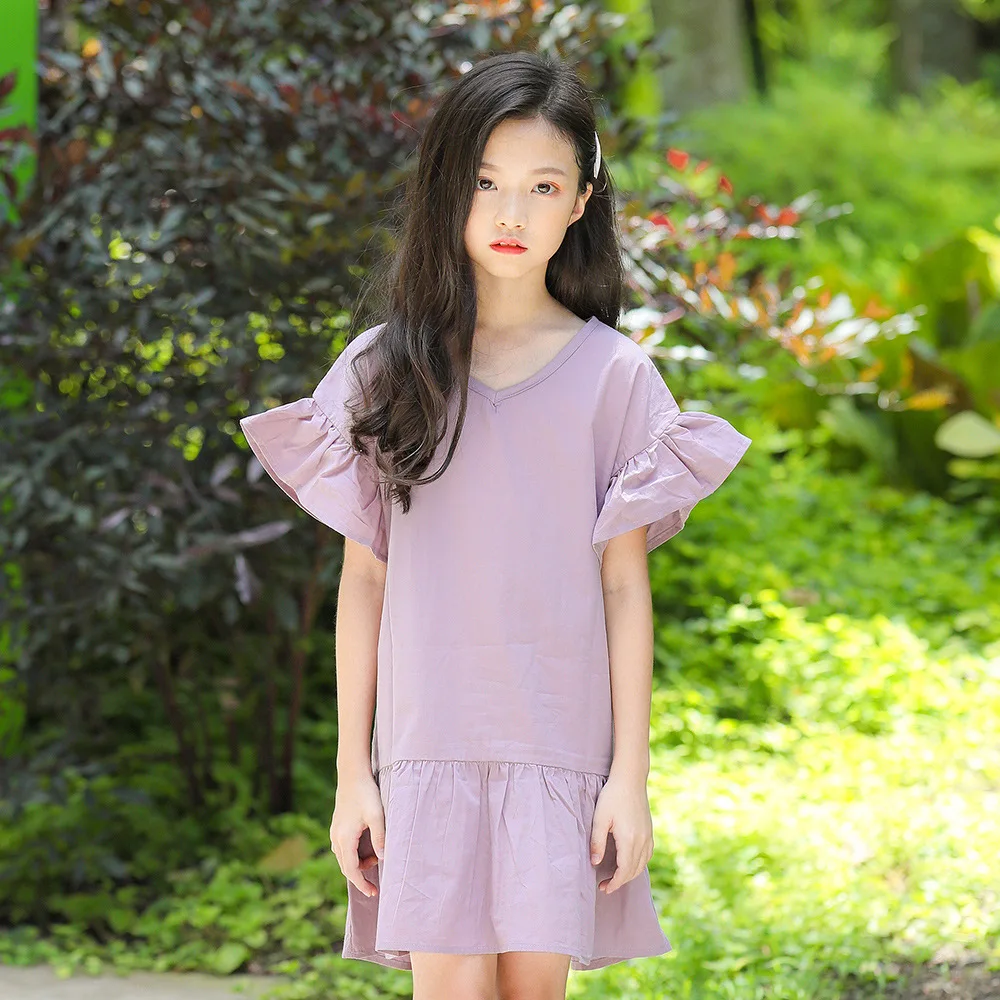 2019 new summer short sleeve knit dress simple casual school style age for 4-14 yrs teenage girl loose cotton ruffle frock | Детская