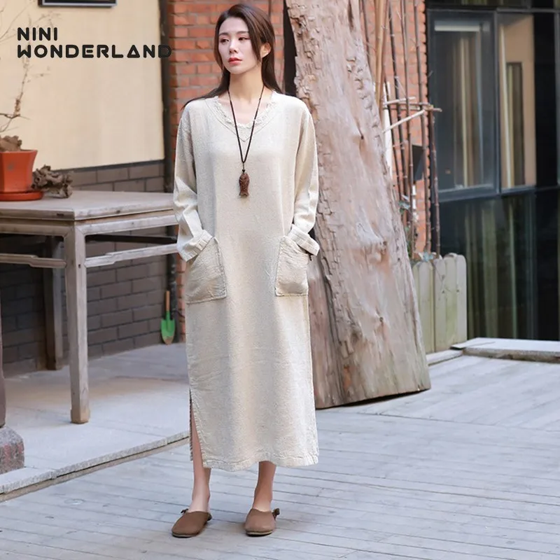 NINI WONDERLAND весеннее Свободное платье с v образным вырезом женское однотонное