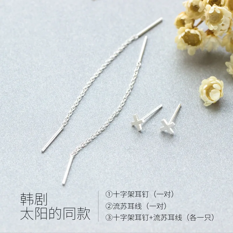 100% 925 Real Sterling Silver Jewelry Fashion Cute Tiny Asymmetric Cross Stud Earrings For Daughter Girls | Украшения и
