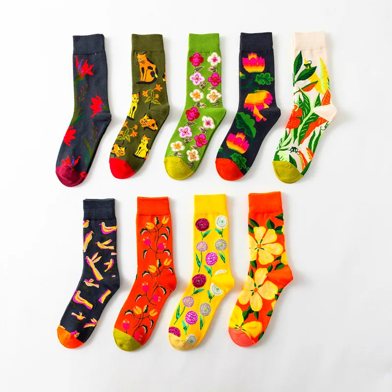 

2018 хлопковые носки с милым принтом для женщин, животные, кот, птица, цветы, растения, Meias, счастливые красочные забавные Женские носочки для д...