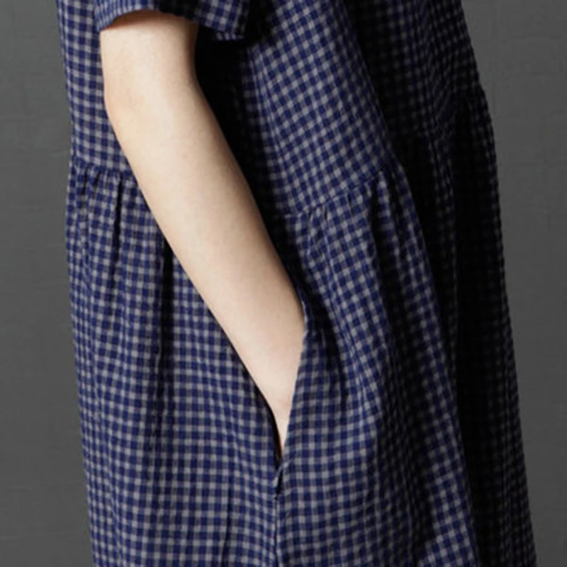 Женское летнее клетчатое хлопковое льняное платье с v-образным вырезом Дамский