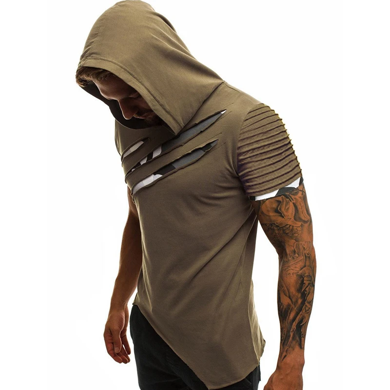 Мужская Асимметричная футболка с капюшоном Camisa Masculina летняя коротким рукавом и