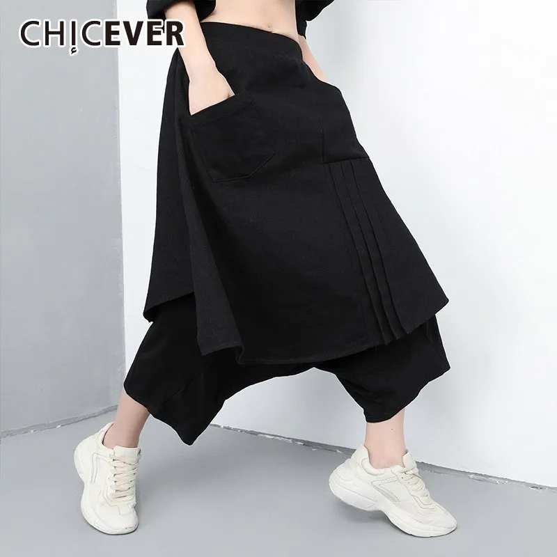 Женские брюки обманки CHICEVER черные с эластичным поясом свободного размера плюс