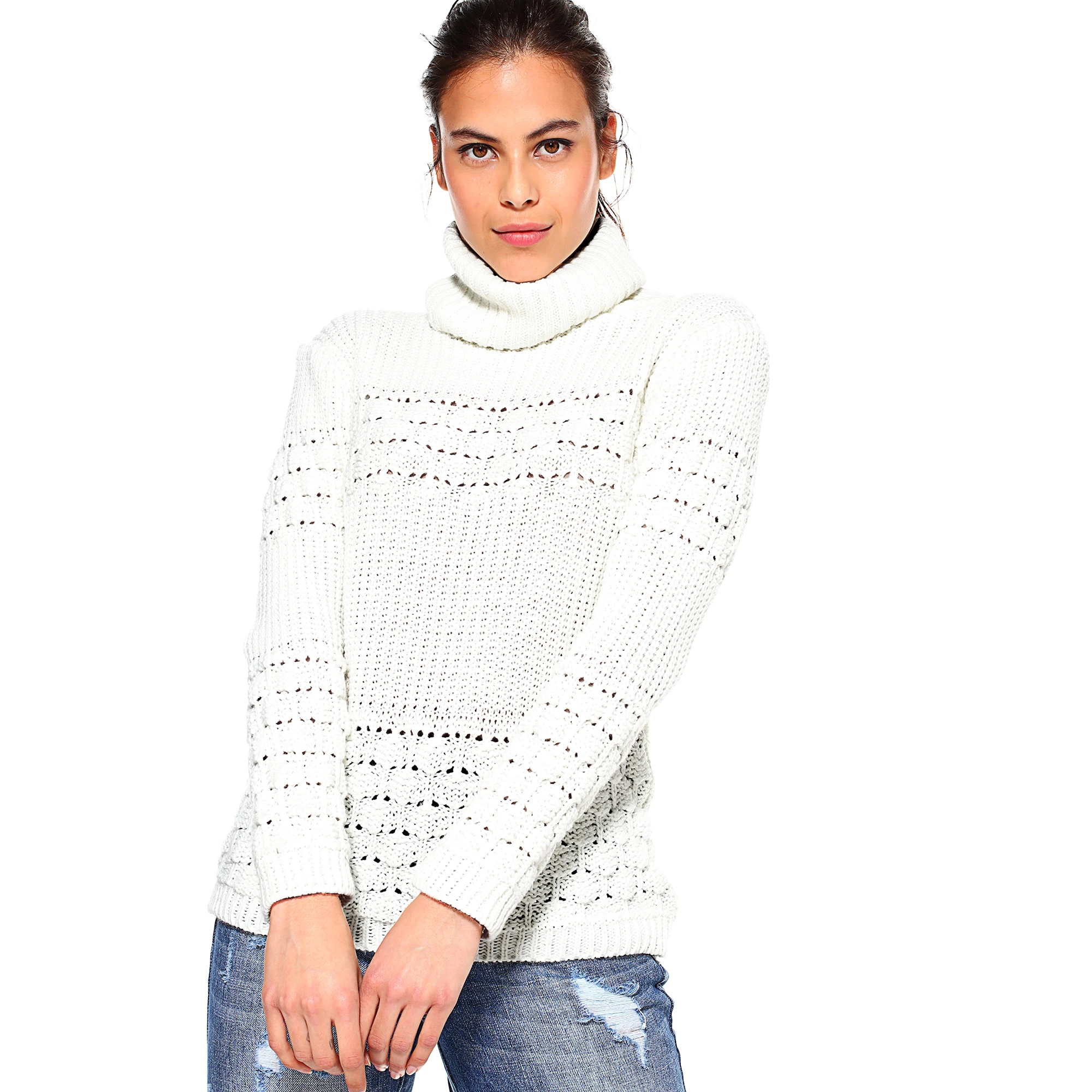 High neck sweater with fantasy knitting bands - 034224 JERSEY WOMAN WOMEN 3 S PULLOVER LONG SLEEVE | Женская одежда