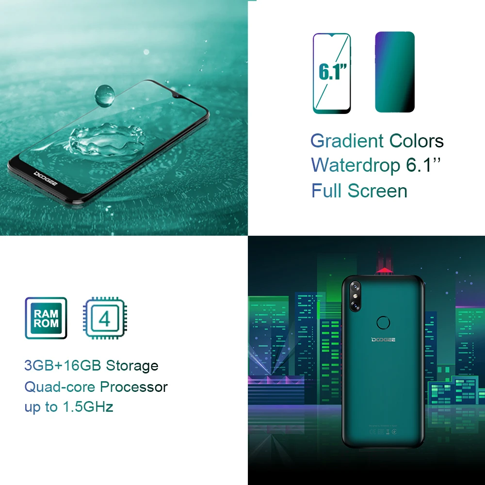 Смартфон DOOGEE Y8 Android 9 0 FDD LTE 6 1 дюйма 19:9 LTPS экран MTK6739 3 Гб RAM 16 ГБ ROM 3400 мАч две sim карты