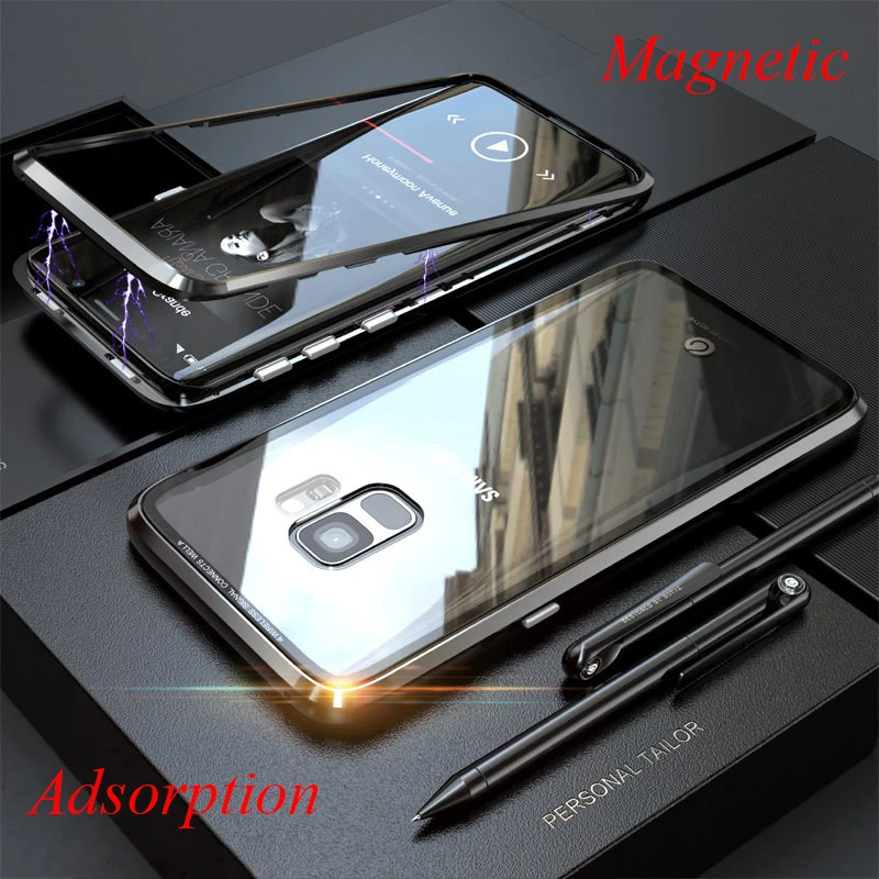 

For Samsung Galaxy S9 Plus Magnetic Adsorption Flip Case S9Plus Tempered Glass Back Cover for Samsung S9 S9+ Metal Bumper Case