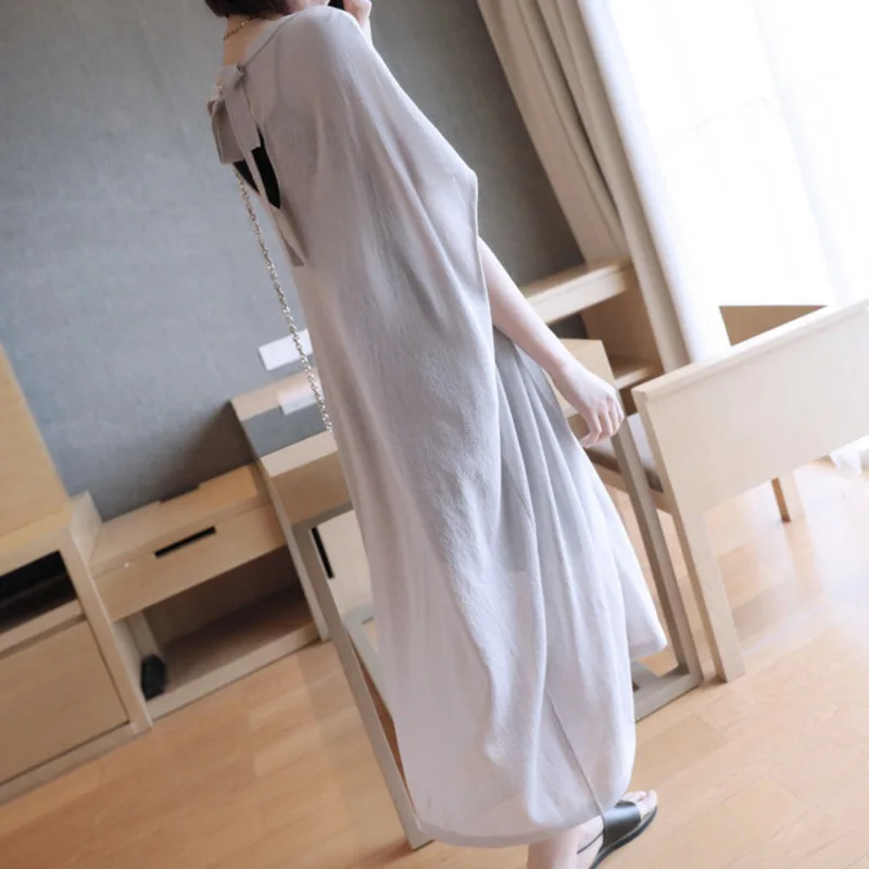 LANMREM 2020 Spring Summer New Bat Sleeve O-neck Loose Large Size Thin Type Knitted Dress Comfortable Fashion Short QF259 | Женская