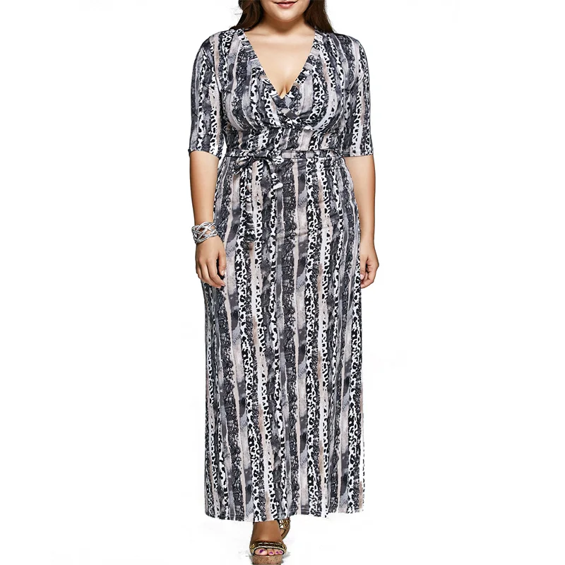 

fashion autumn style Spandex print plus size deep V-neck women casual loose long dress party vestidos femininos 2016 dresses