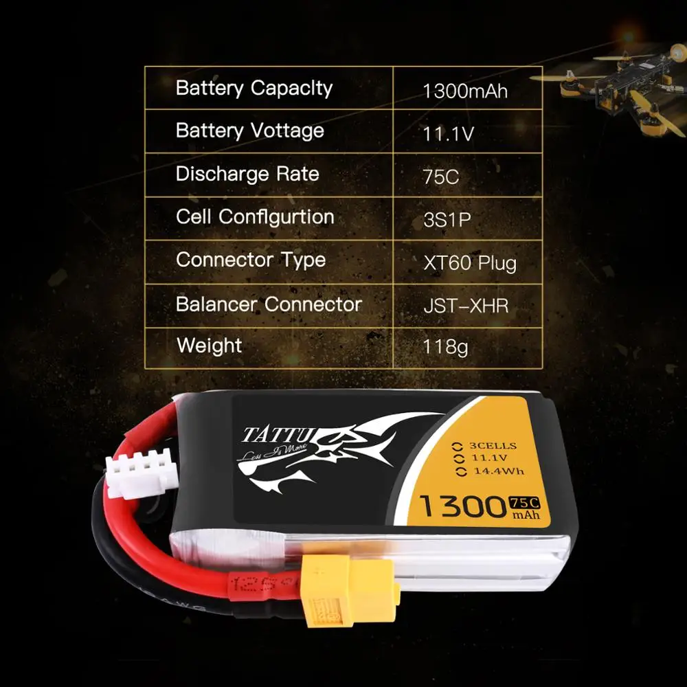 Литий полимерный аккумулятор Tattu 3S 1300mAh Lipo батарея 11 1 V FPV Дрон 75C XT60 разъем ZMR250 Qav 250