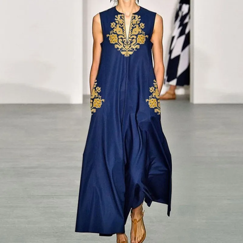 Boho Платье с принтом Лето 2019 женское синее Макси пляжное платье большого размера
